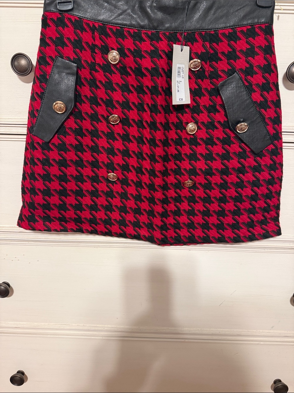 River Island Red and Black Houndstooth Mini Skirt with Faux Leather Trim